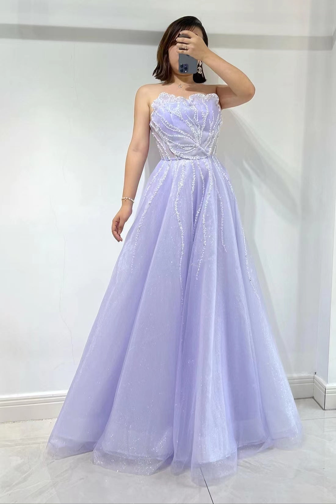 Lilac Strapless Sleeveless A-Line Tulle Prom Dress With Sequins Beads ED0384