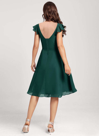 Chic Dark Green V Neck Homecoming Dress Fly Sleeve Prom Dress VS007