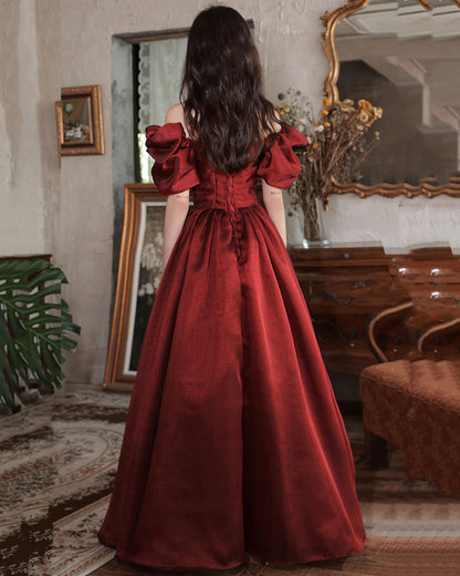 Burgundy satin long A line prom dress homecoming dress  8916