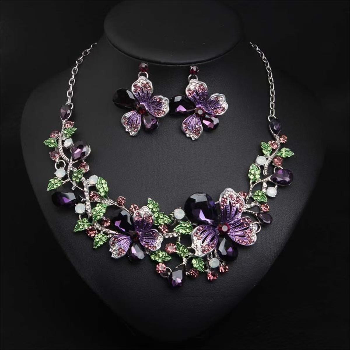 Women's Color-Plated Crystal Glass Exaggerated Flower Jewelry Set