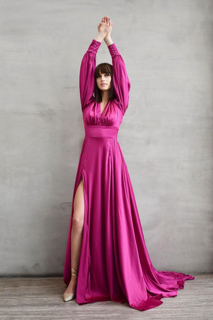 Long Sleeves V-Neck Prom Dress With Slit PD0467