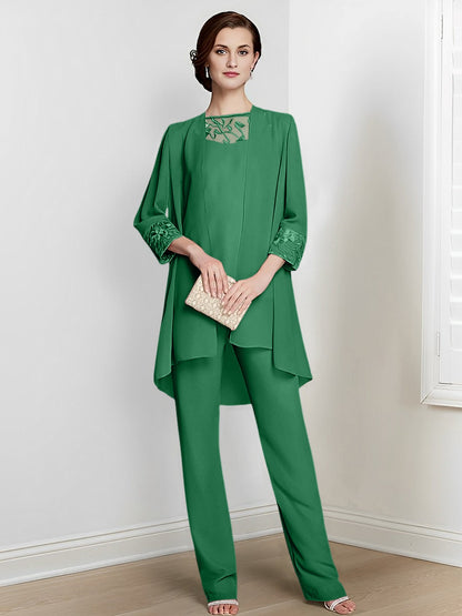 Chiffon Square Neck Long Sleeves Floor-Length Mother Of The Bride Pantsuits With Jacket