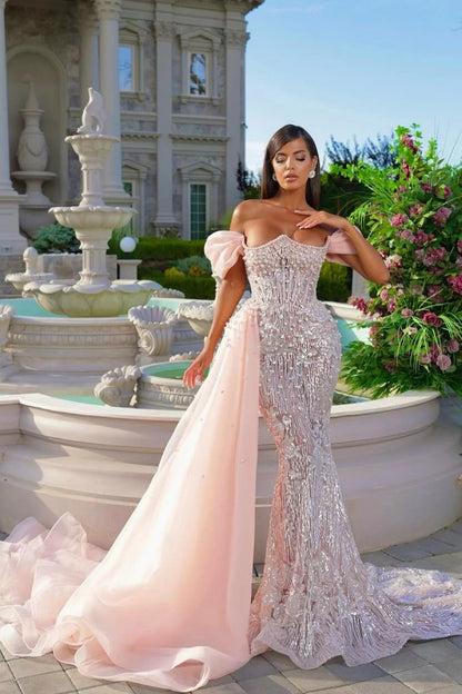 Luxurious Pink Off-the-shoulder Prom Dress Beaded Long Mermaid Dress YB0039