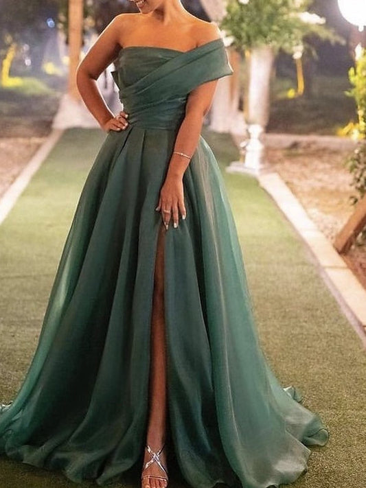 A-Line/Princess Floor-Length One-Shoulder Evening Dresses with Split Side