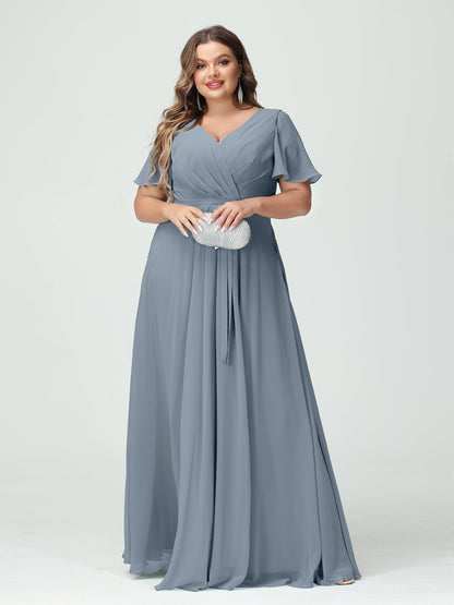 A-Line/Princess V-Neck Short Sleeves Plus Size Bridesmaid Dresses with Pockets Belt & Split Side