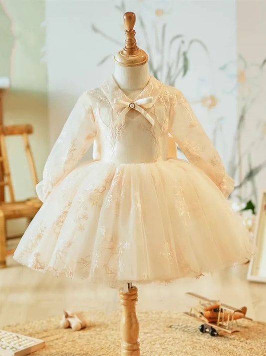 Knee Length Long Sleeves Flower Girl Party Lace Dress with Bow