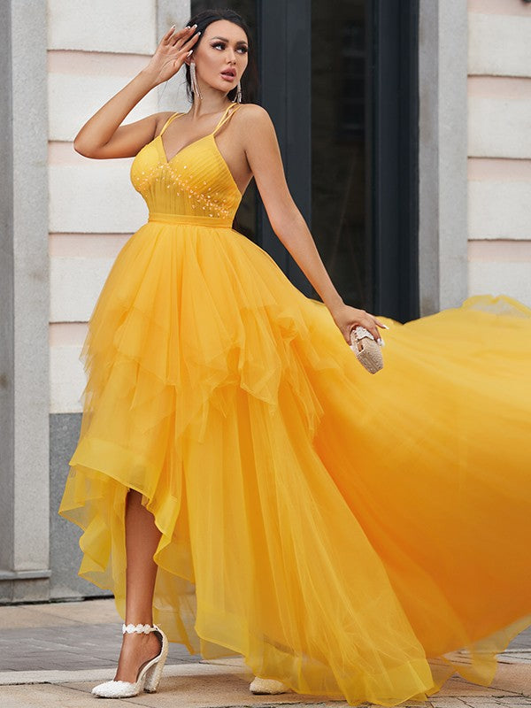 Spaghetti-Straps High-Lo Tulle Prom Dress PD0213