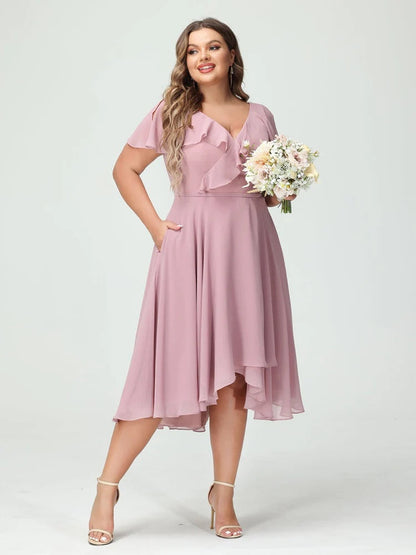 A-Line/Princess V-Neck Short Sleeves Chiffon High-Low Plus Size Bridesmaid Dresses with Pockets & Ruffles