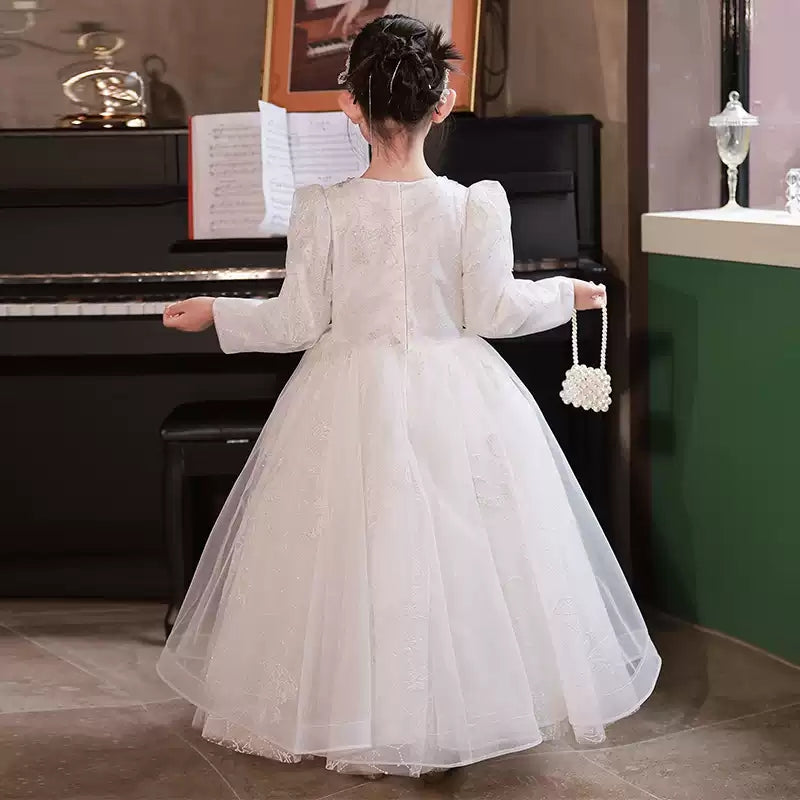 Ball Gown Round Neck Long Sleeves Flower Girl Lace Dress with Crystal Appliques