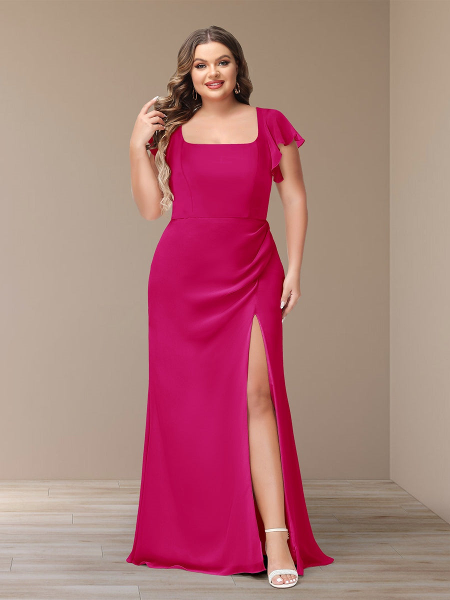 Sheath/Column Short Sleeves Chiffon Plus Size Bridesmaid Dresses with Split Side