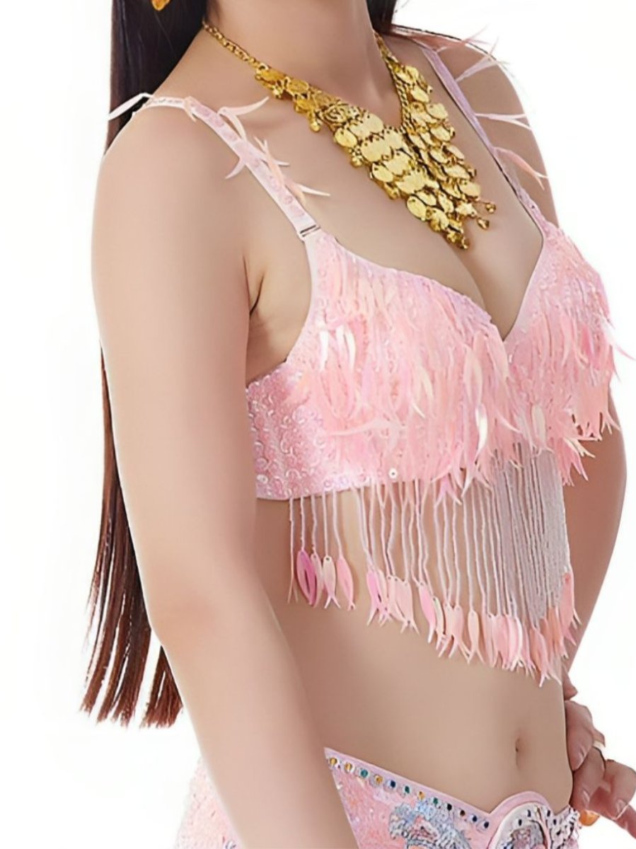 Belly Dancewear Chili Pepper Tassel Sleeveless Bra with Sequins & Beading