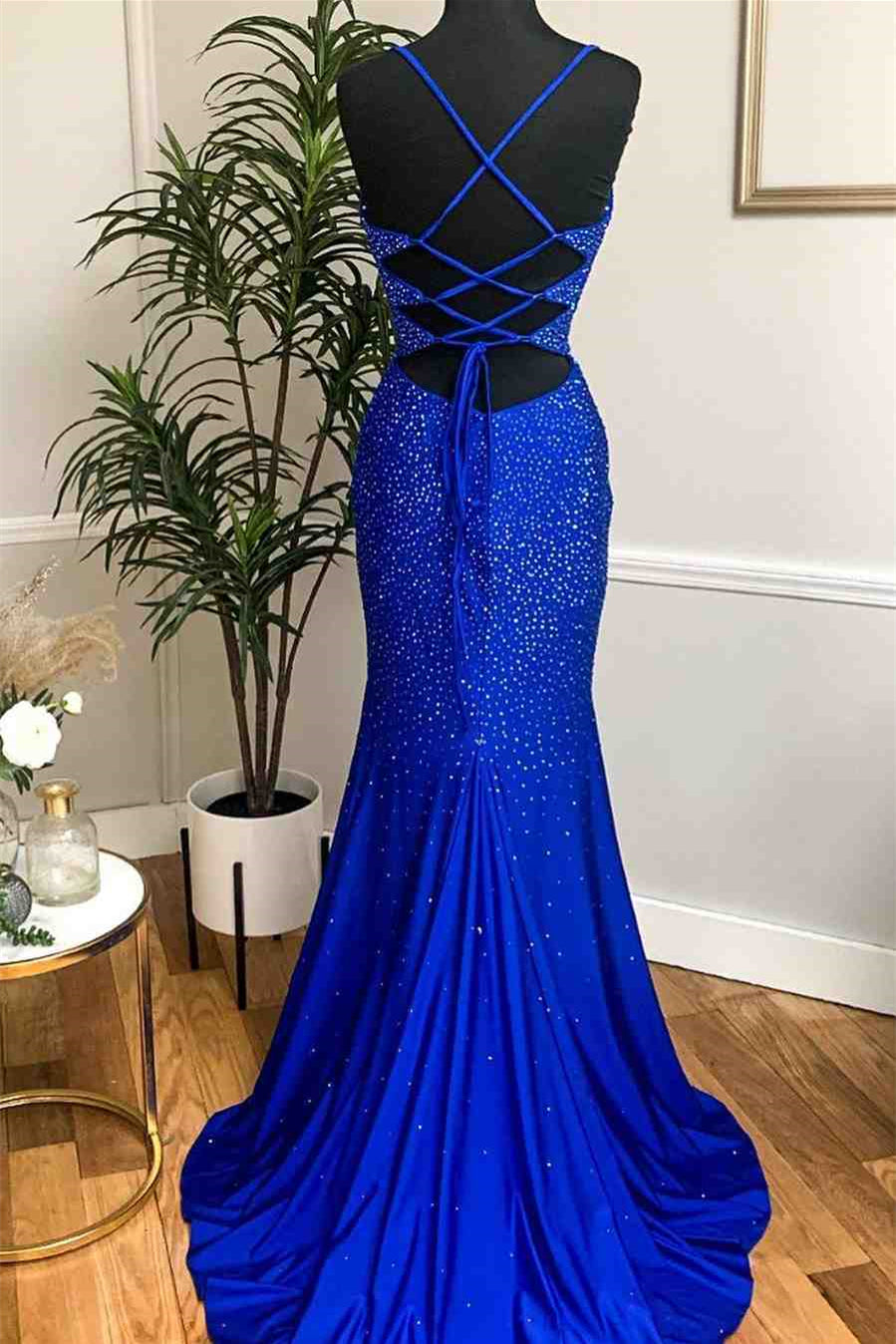 edgynewlook Royal Blue Spaghetti-Straps Mermaid Prom Dress With Appliques