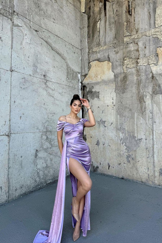 edgynewlook Stunning Purple Satin Off the Shoulder Sleeveless Prom Dress with High Split