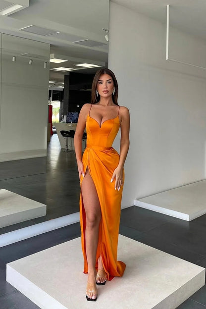 Orange Prom Dress Charmeuse Sleeveless Spaghetti Strap YL0271