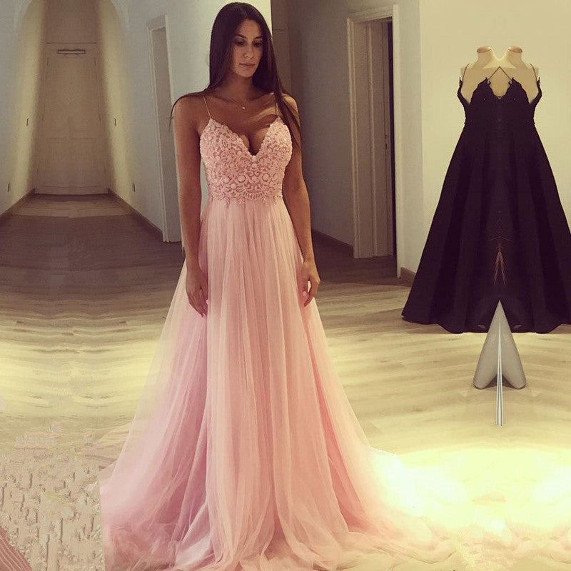 Pink Tulle Lace Prom Dress Spaghetti-Straps PD003