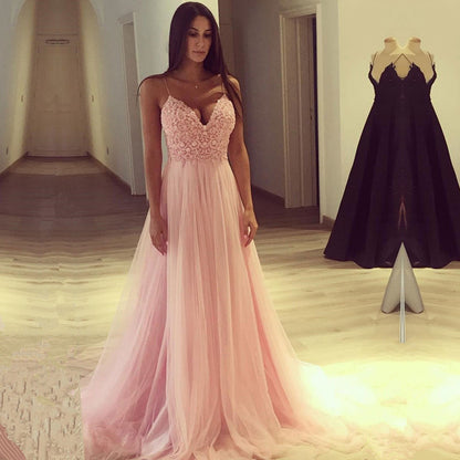 Pink Tulle Lace Prom Dress Spaghetti-Straps PD003