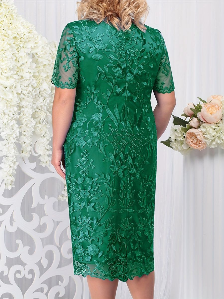 Sheath/Column Scoop Short Sleeves Tea-Length Plus Size Mother of the Bride Dresses with Appliques