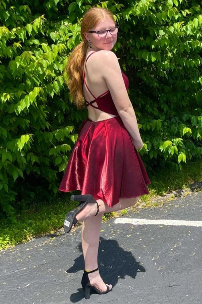 Wine Red Plunge Neck Backless A-Line Short Homecoming Dress  gh1364