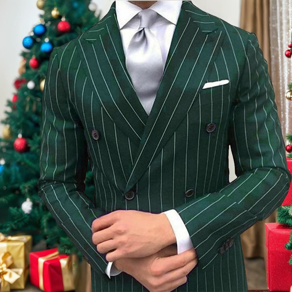 Men's Prom Pinstripe Peak Lapel Business Formal Striped Double Breasted Six-buttons  2 Piece Wedding Suits