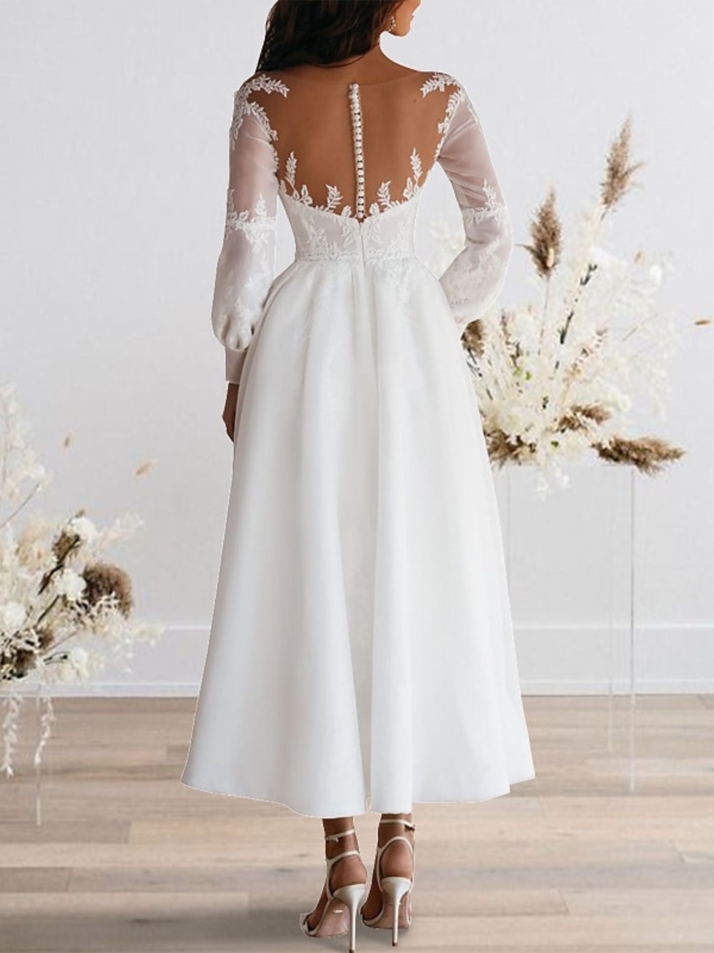 A-Line/Princess Sweetheart Long Sleeves Ankle Length Lace Wedding Dress