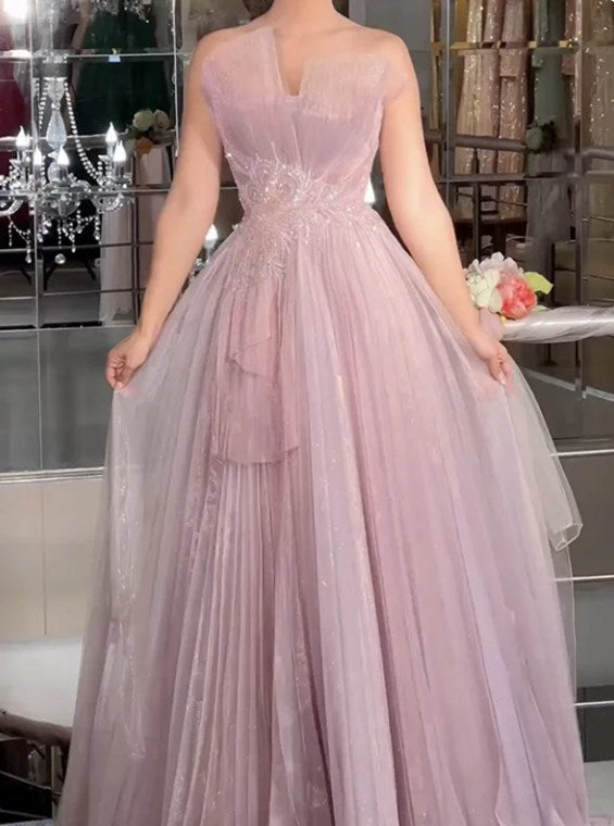 Gentle Sweet Pink Strapless Applique Tiered Tulle Prom Dress LY0030