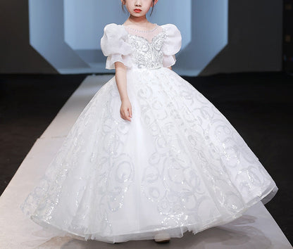 Ball Gown Beaded Round Neck Short Sleeves Flower Girl Dress with Crystal Appliques