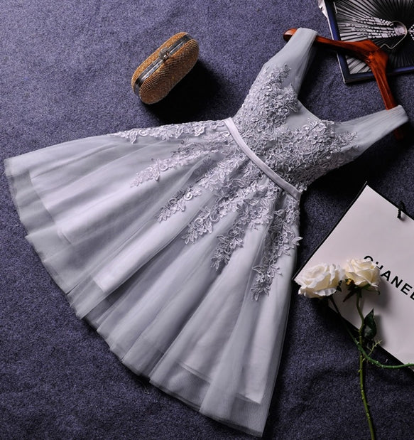 Cute A-line grey lace short prom dress,homecoming dresses  7578