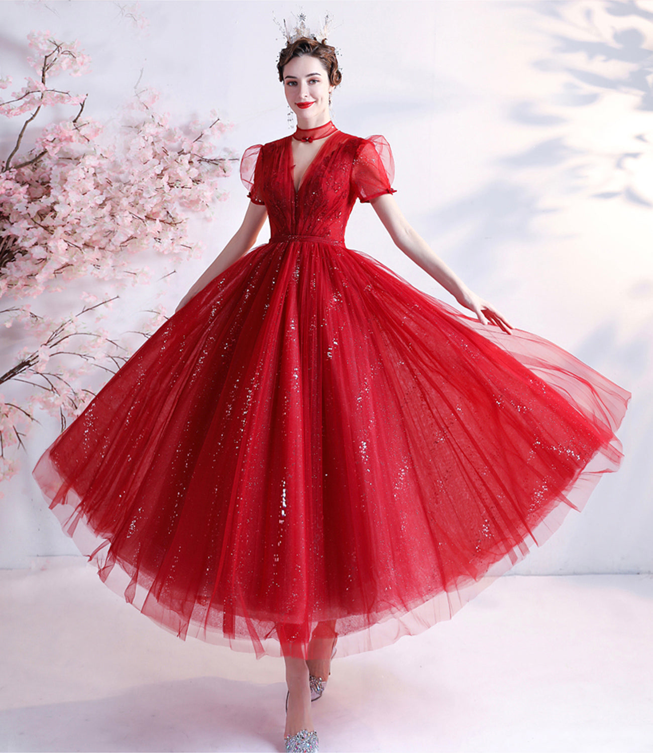 Red tulle short prom dress red homecoming dress  10353