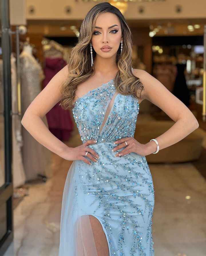 edgynewlook Baby Blue One-Shoulder Mermaid Prom Dress With Split Sequins