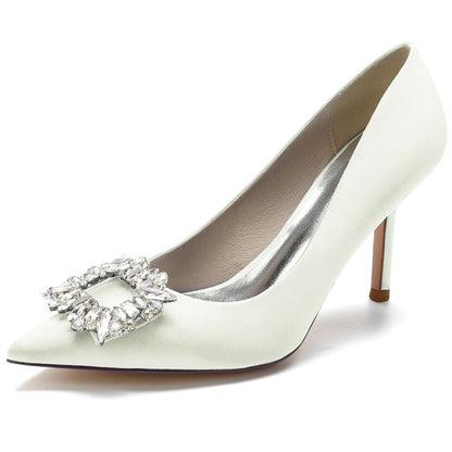 Women's Wedding High Heel Pointed Toe Bridal Shoes with Square Rhinestones