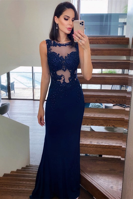 Navy Blue Lace Appliques Mermaid Prom Dress PD0207