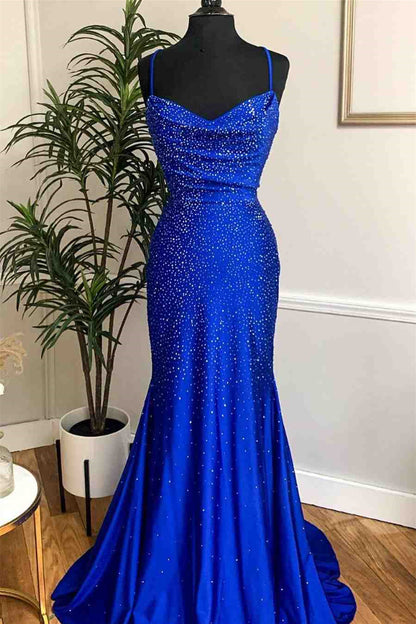 edgynewlook Royal Blue Spaghetti-Straps Mermaid Prom Dress With Appliques