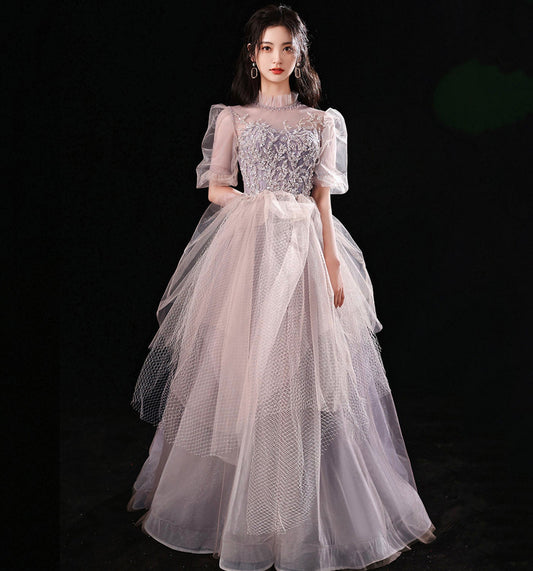 Cute tulle sequins long prom dress fashion girl dress  8972