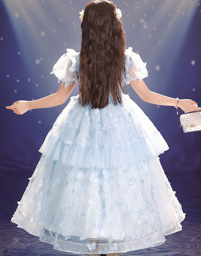 Beading Round Neck Short Sleeves Princess Girl Party Dress with Rhinestone Appliques