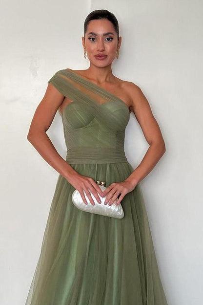 edgynewlook Stunning Green Tulle One Shoulder Sleeveless Long Prom Dress with Pleated