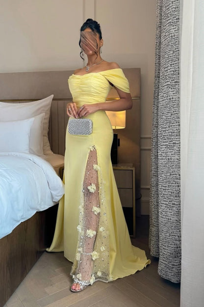 Light Yellow Split Off-The-Shoulder Prom Dress ZT0315