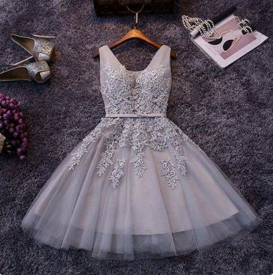 Cute A-line grey lace short prom dress,homecoming dresses  7578