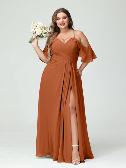 A-Line/Princess/Princess Spaghetti Straps Short Sleeves Chiffon Plus Size Bridesmaid Dresses with Pockets,Ruched Split Side