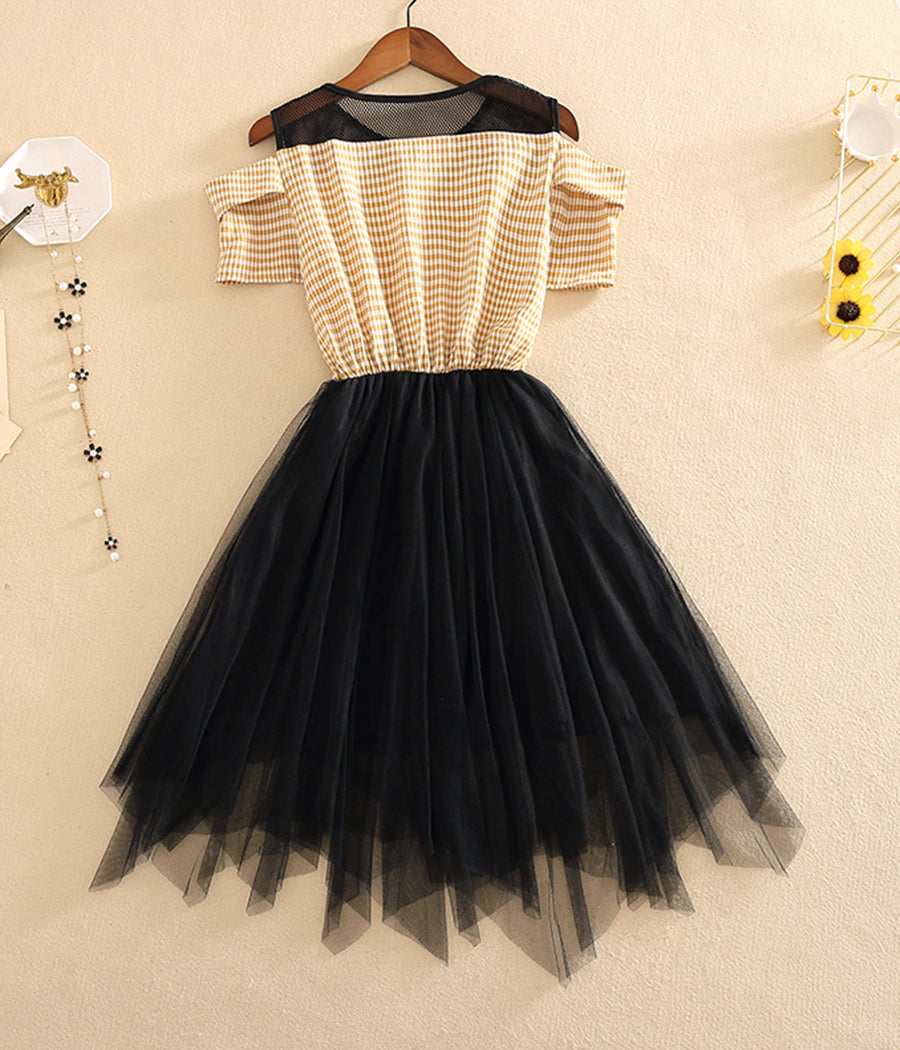 Fashion girl dress A line plaid tulle dress  1235