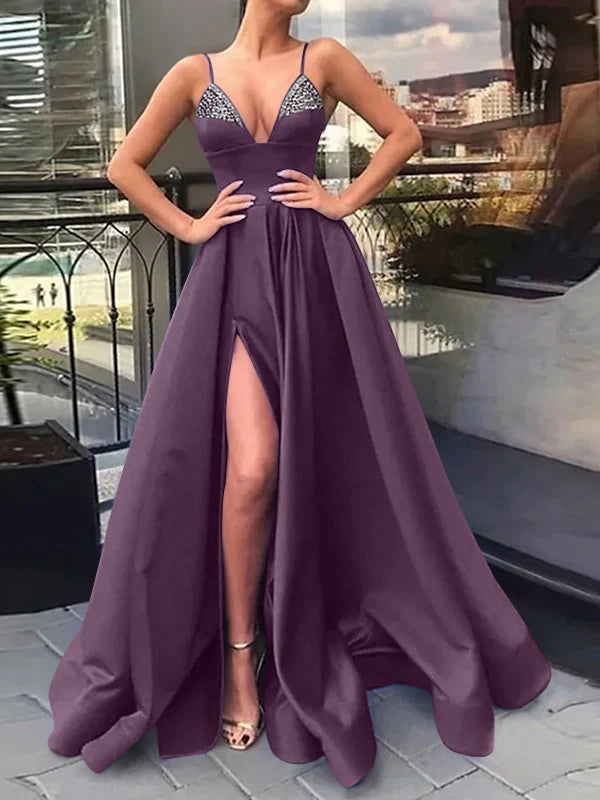 A-Line/Princess V-Neck Spaghetti Straps Long Prom Dresses With Split Side & Sequins