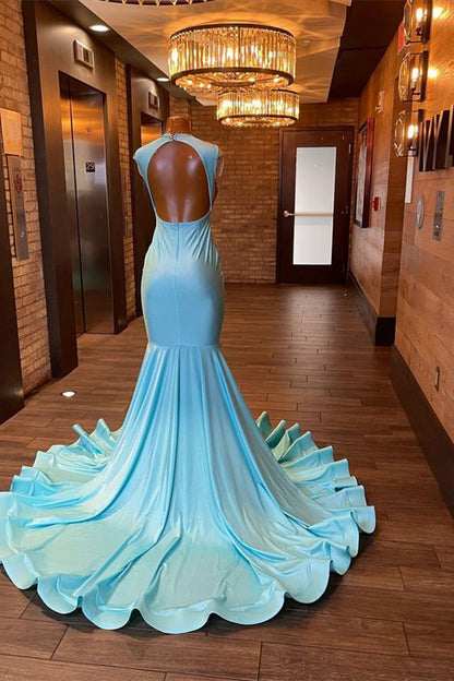 edgynewlook Sleeveless Blue Popular Mermaid Prom Dress Appliques With Beads