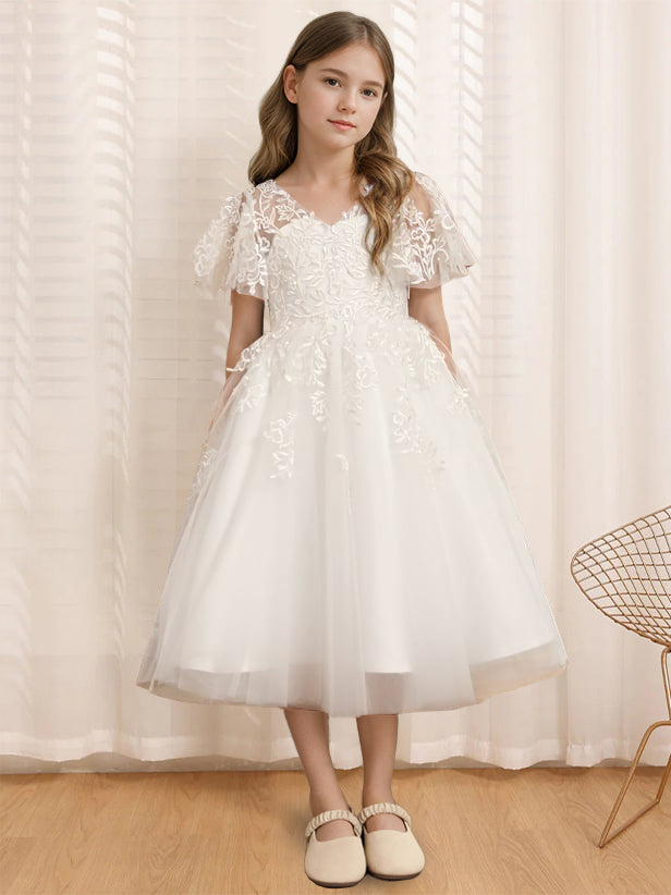 A-Line/Princess V-Neck Short Sleeves Tea-Length Flower Girl Dress with Lace