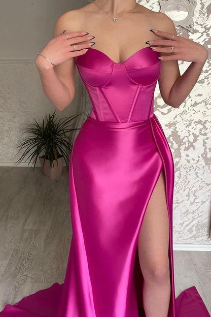 edgynewlook Stunning Fuchsia Satin Sleeveless Strapless Sweetheart Prom Dress with Split