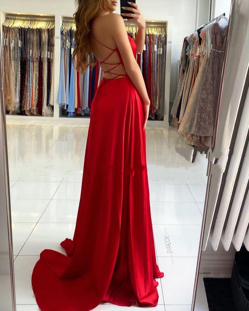 Red V-Neck Prom Dress With Split PD094