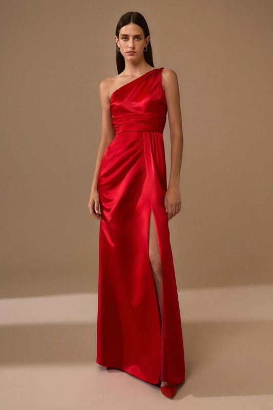 edgynewlook Charming Red Satin One Shoulder Sleeveless Long Pleated Prom Dress with Split