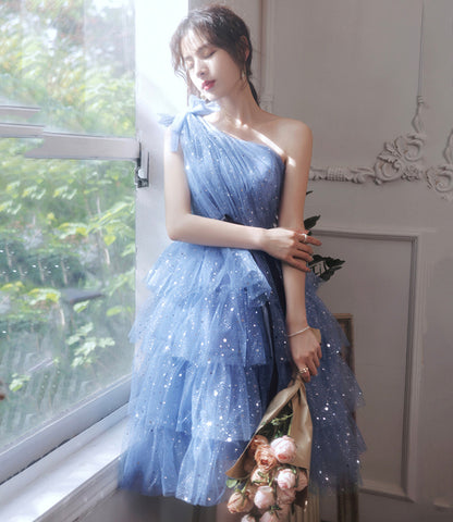 Blue tulle short prom dress one shoulder evening dress  8895