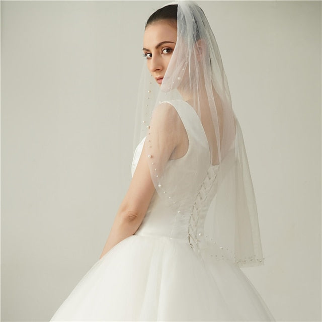 One-tier Pearl Wedding Veils Elbow Veils with Faux Pearl