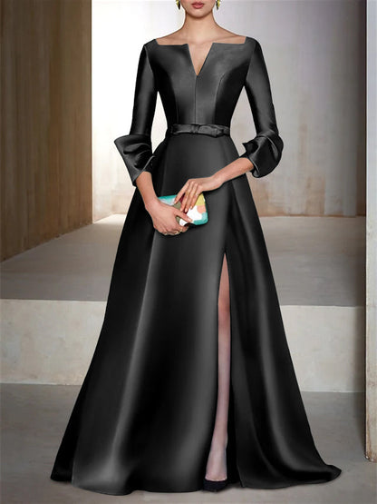 A-Line/Princess Floor-Length Long Sleeves V-Neck Evening Dresses