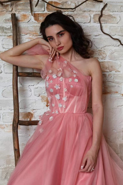 Gorgeous One Shoulder Sleeveless Tulle Prom Dress With Appliques ED0380