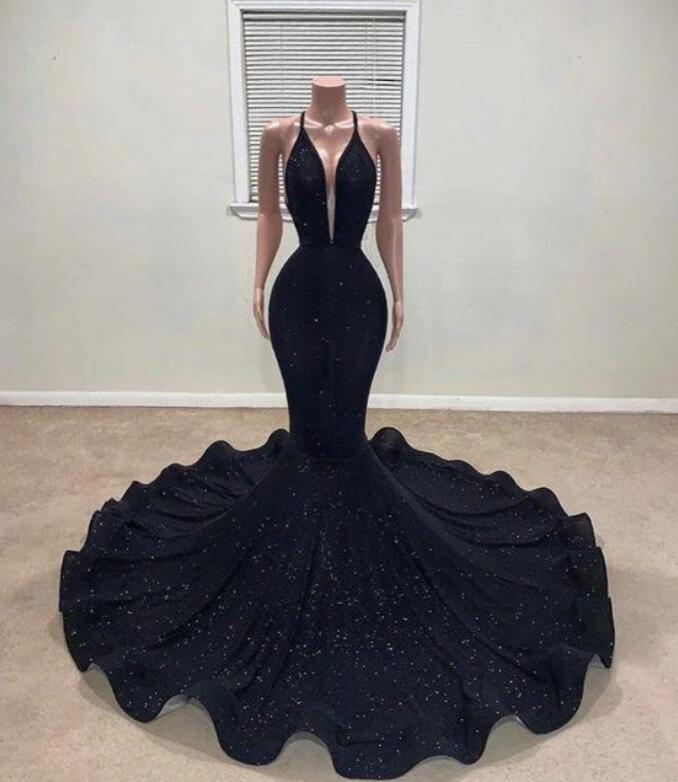 Black Halter Mermaid Prom Dress With Sequins PD0712